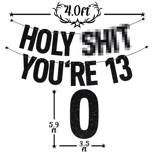 Image of Black Glitter Holy Shit You're 13 Banner, Happy 13th Birthday /13 Officially Teenager, Funny 13th Birthday Party Decorations Supplies