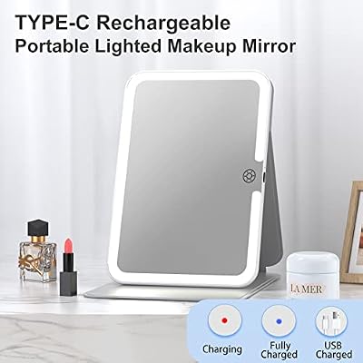 Rechargeable Travel Lighted Makeup Mirror with PU Leather Cover, Portable Travel Makeup Mirror with lights, 3 Color Lighting,Touch Sensor Dimmable, Light Up Tabletop Folding Cosmetic Mirror Colorful