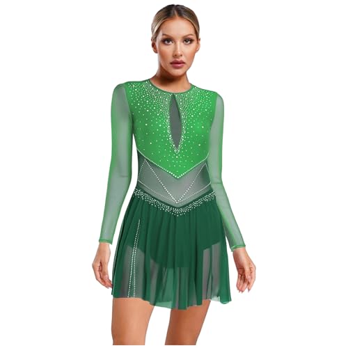 inlzdz Damen Latein Tanzkleid Langarm Ballettkleid mit Glitzern Fransen Tanz Trikot Swing Wettbewerb Ballsaal Show Kostüm Grün XXL
