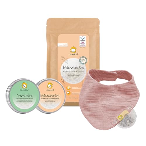 LÖWENKIND Milchzähnchen-Special | ab Geburt | Natürliche Zahnungshilfe ohne Zusatz ätherischer Öle | 20 Kräuterpads Rotznäschen und Milchzähnchen | Musselin-Halstuch mit Padtasche (Altrosa)