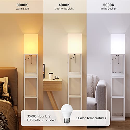 Image of SUNMORY Dimmable Floor Lamp with Shelves,Modern Solid Wood Standing Lamp with 1 Drawer and 2 USB Ports & 2 Power Outlet,Corner Tall Bookshelf Lamp for Living Room and Bedroom(White)