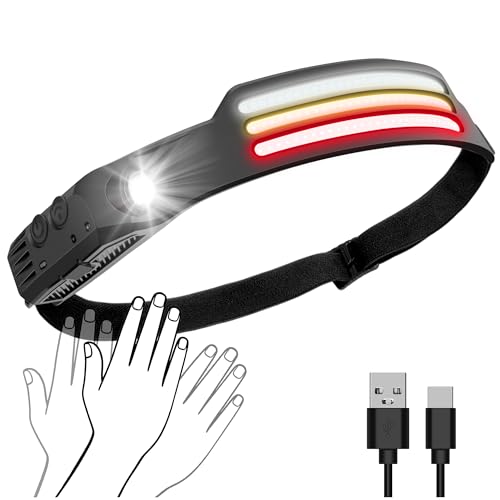 Stirnlampe LED Wiederaufladbar, 230° Weitwinkel IPX5 Wasserdichte Kopflampe mit Bewegungsensor & Rotlicht, 10 Modi Camping Lampe für Outdoor, Angeln, Wandern, Laufen, Notfall [Energieklasse A+++]