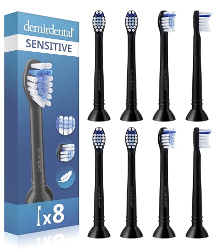 demirdental Toothbrush Heads mini Sensitive Compatible with Philips Sonicare Toothbrush Heads - Soft & Small Replacement Heads for Sensitive Teeth - Black - Replaces HX6088b - 8 Pack