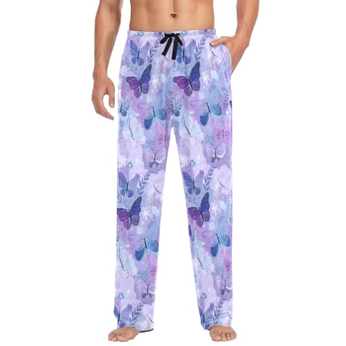 Butterflies Blue Purple Leaves Men Cotton Flannel Pajama Pants Mens Lounge Sleep PJ Bottoms S