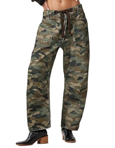 Kedera Barrel Jeans for Women Mid Rise Camo Pants Wide Leg Graphic Trousers Baggy Boyfriend Denim Pants with Pockets