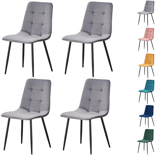 MOF Home Modern Velvet Dining Chairs, Set of 4, Velvet Tufted Upholstered Kitchen Chairs with Metal Legs, Multi-Color (CHECK PATTERN, GREY)