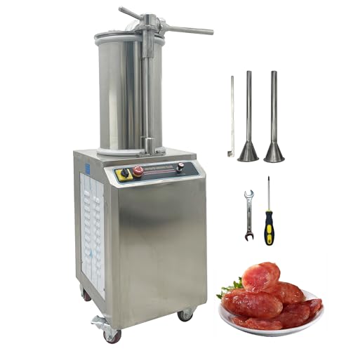 LGXEnzhuo 15L Commercial Hydraulic Sausage Stuffer Machine, 110V 750W Electric Vertical Meat Sausage Filler with Adjustable Speed, 660 LB/H, 3 Stainless Steel Filling Funnels, for Restaurant