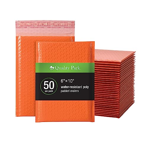 Image of Quality Park Bubble Mailers, 6 x 9 Shipping Envelopes, Water Resistant Orange Poly Padded Envelopes, Redi-Strip Peel Off Closure, 50 /Box (QUA85863)