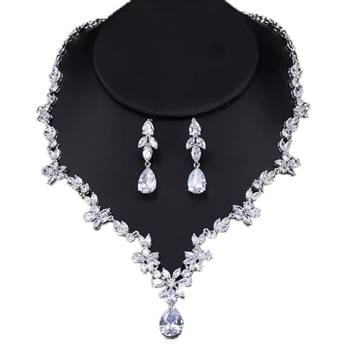 Collar colgante de flor CZ con refinado cristal en forma de lágrima para novias