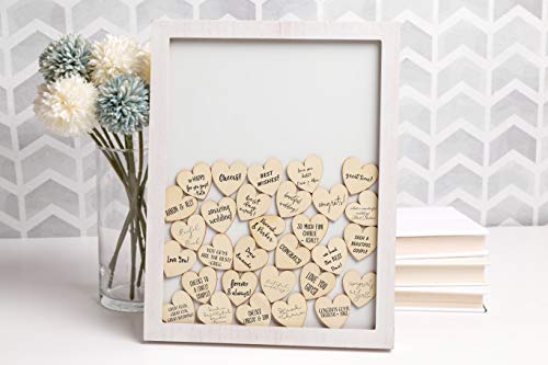 Image of Kate & Milo Wedding Guestbook Token Frame, Alternative Wedding Guest Book with 50 Wooden Heart Tokens, Bridal Shower and Reception Decor, Distressed White