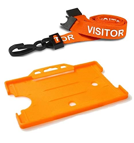 Identity-Plus: Orange Pre-Printed Visitor Lanyard (Plastic J Clip, Safety Breakaway Point, White Text) with Orange Landscape ID Card Holder (75)