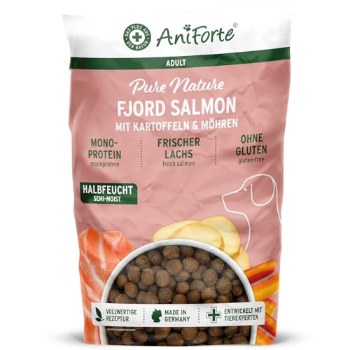 AniForte Lachs Trockenfutter für Hunde 12,5kg – Frischer Lachs mit Kartoffeln & Vitaminen, Halbfeuchtes Trockenfutter, Hundefutter trocken getreidefrei & glutenfrei für Allergiker