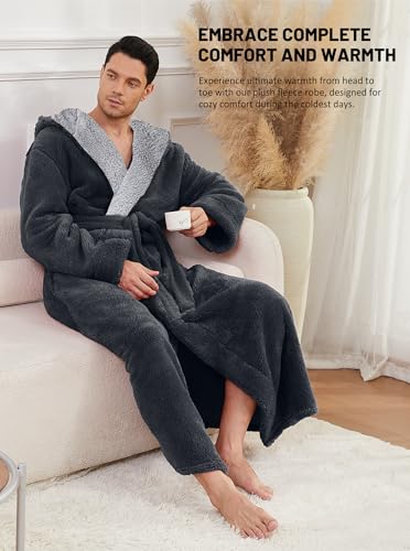 Hellomamma Mens Long Robes with Hood Full Length Hooded Bathrobe Fleece Plush Fluffy Housecoat Nightgown3