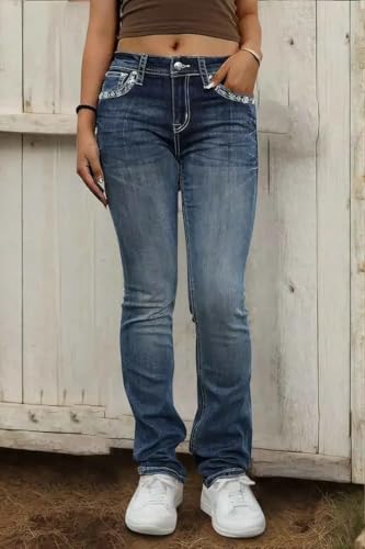 Flamingals Embroidered Bootcut Jeans for Women Mid Rise Stretchy Criss Cross Graphic Curvy Bell Bottom Jeans3