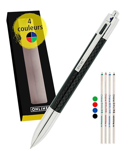 Online stylo à bille 4 couleurs Carbon │ stylo multifonctionnel │ 4 recharges de taille moyenne - bleu, rouge, vert, noir │ stylo bille rechargeable│avec...