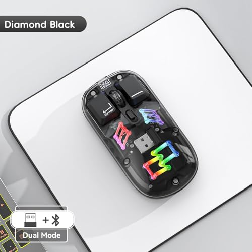 Image of Wireless Transparent Mouse Dual-Mode 2.4GHz /BT5.0 Bluetooth Metal Roller Silent Rechargeable RGB with USB Receiver Power Indicator Light Mouse for PC,Laptop,Mobile,Tablet (Black)
