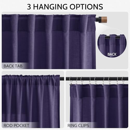 Image of Nanspring Purple Linen Blend Light Filtering Back Tab Curtains 96 Inches Long, Semi Sheer Privacy Drapes for Living Room & Bedroom, 52x96 inch, 2 Panels