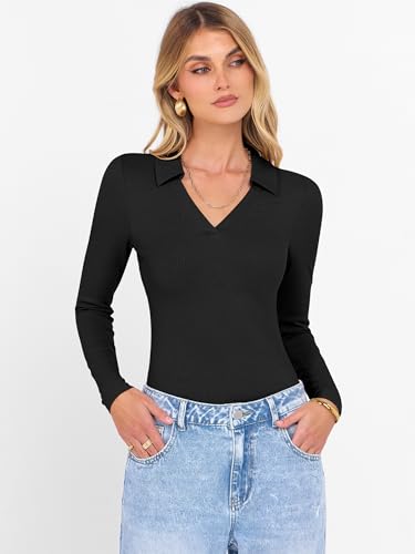 ANRABESS Women Long Sleeve Polo Shirts V Neck Slim Rib Knit Collared Dressy Business Casual Top 2025 Basic Tee Fall Outfits3