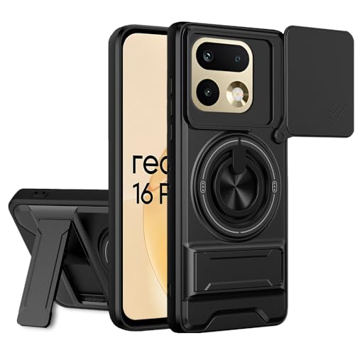 Image of AESTMO Realme 16 Pro 5G Back Cover | Armor Camera Slider 360 Degree Rotating Finger Ring Holder Case with Bracket Stand Back Case Cover (Compatible with MagSafe Accessories) (Black)