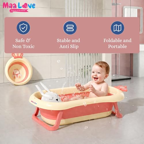 Image of Premium Foldable Baby Bathtub with Soft Cushion for Newborn, Infant & Toddler, Non-Slip Base, Easy Drain Plug, Portable Space Saving Bath Tub (Pink)