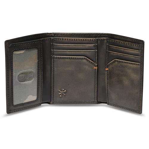Image of House of Jack Co. Duck Men's Trifold Wallet, Full Grain Leather Hunting Wallet with ID Window, 8 Card Slots, Camo Lining, Embossed Duck, Duck Hunter Gift, Black
