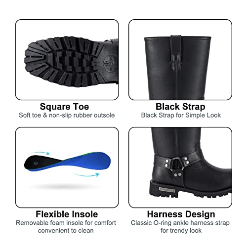 Dream Apparel Women's 8in Harness Motorcycle Boots for Riding, Square Toe Biker Boots, Waterproof Black PU Leather Mid Calf Footwear4