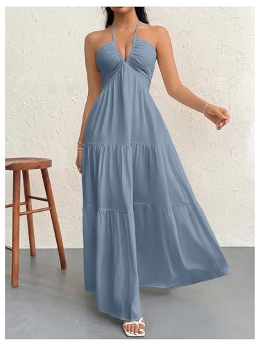 Image of SHENHE Women's Deep V Neck Tie Knot Backless Halter Dress A Line Flowy Ruffle Maxi Dress