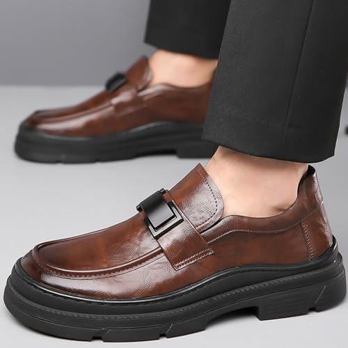 Image of Men's Leather Round Toe Platform Slip-On Oxford Shoes,Fashion Metal Decoration Business Loafers Casual Formal Work Driving Shoes