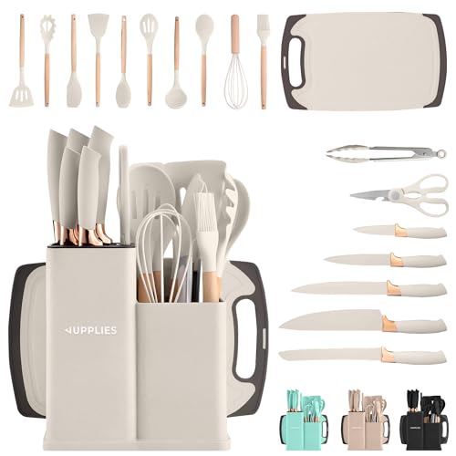 JUPPLIES Juego de Utensilios de Cocina de Silicona 19 Piezas con Cuchillos, Tijeras y Tabla de Cortar – Set Antiadherente Resistente al Calor – Apto para Todas Las Ollas y Sartenes - Beige