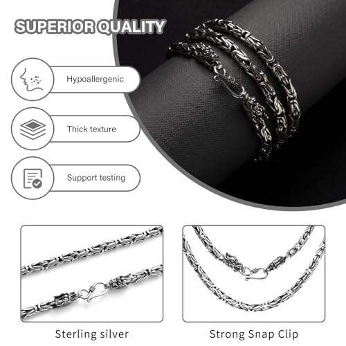 925 Sterling Silver Necklace For Men, Round Solid Heavy Authentic Silver Double Dragon Head Link Chain For Man,5mm 19.5 25.5in, Come Gift Box3