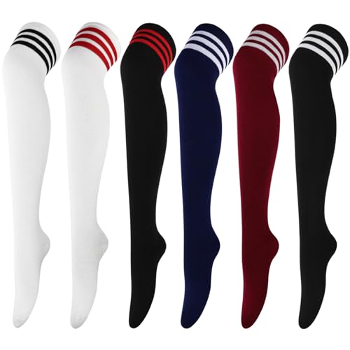 Image of AQOKKA Thigh High Socks for Women Striped Over Knee Thigh Socks Long Boot Thigh High Stockings Leg Warmers for Girls