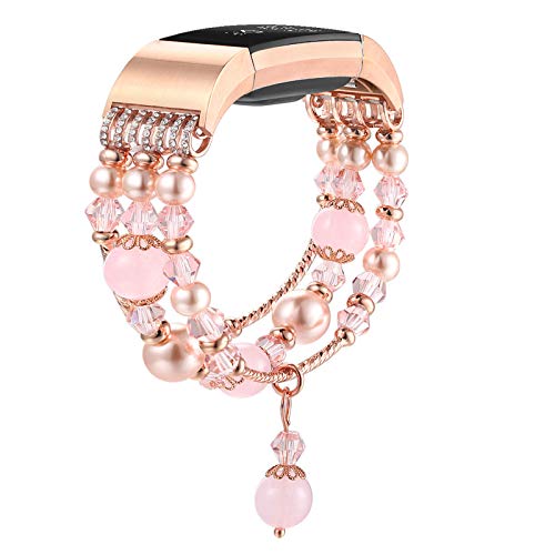 fastgo Compatible with Fitbit Bands Charge 2 Women, Bling Elastic Dressy Replacement Jewelry Bracelet Strap HR Band Compatible with Fit Bit Watch(Pink)