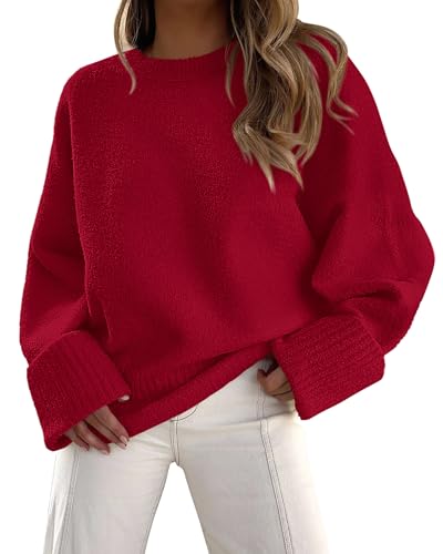 PRETTYGARDEN Women's Fall Oversized Sweaters Casual Crewneck Pullover Long Sleeve Fuzzy Chunky Knit Tops Blouse (Red,Small)