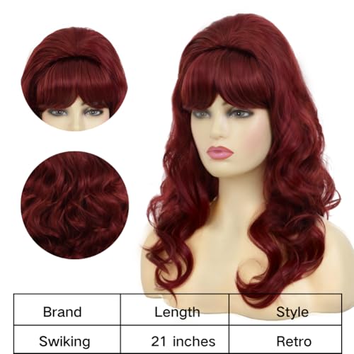 Image of Swiking Brown Red Curly Wig with Bangs Big Bouffant Beehive Wigs for Women 50s 70s Synthetic Wig Halloween Costume Wigs