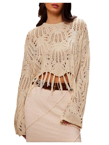 Women's Fringe Poncho Sweater Boho Crochet Poncho Top Lightweight Sweaters Tassel Hollow Out Oversized Knit Crop Top