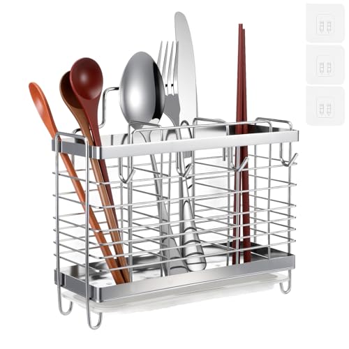 Limbeuuu Utensil Holder, Stainless Steel Utensil Drying Rack with Drain Tray, Kitchen Counter Drainer Basket Silverware Cutlery Flatware Holder Forks, Knives, Spoons, Chopsticks Organizer (Silver)