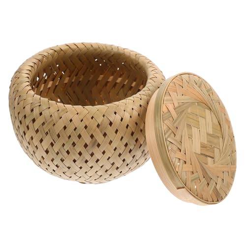 FONDOTIN Cesta Tejida de Bambú con Tapa Doble Cesta Práctica para Almacenamiento Doméstico Organizador Redondo para Alimentos y Decoración Natural