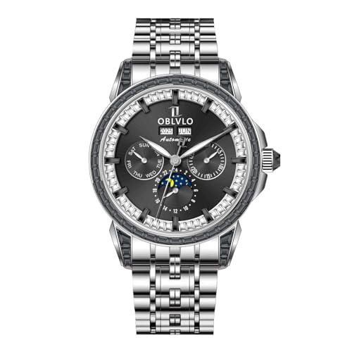 OBLVLO Men's 316L Stainless Steel Black Dial Moonphase Automatic Watch Diamonds Completed Calendar Waterproof Mechanical Clock GCM-MUT (GCM-MUT-YBYS)