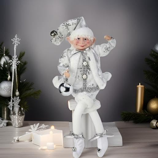 The Bridge Collection 17" Silver & White Poseable Winter Elf - Large Holiday Christmas Elf Figurine with Jingle Bell & Snowflakes