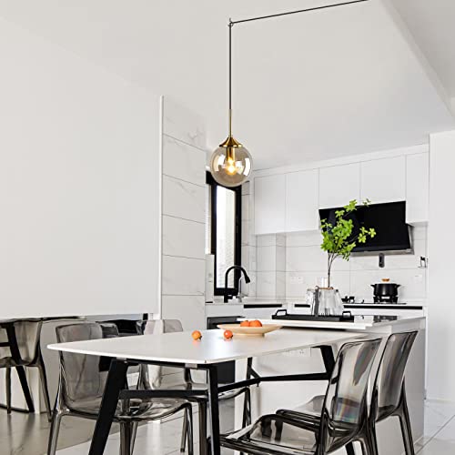 Bokt Modern Gold Globe Plug In Pendant Light Kitchen Island Amber Glass Ball Chandelier Hanging Light Plug In Cord Mid Century Mini Brass Round Pendant Lighting (7.1”-Amber) #TOP2