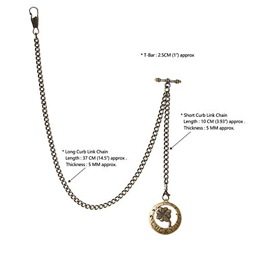 Treeweto Men's Albert Chain Pocket Watch Curb Link Key Chain 2 Hooks With Antique Lucky Four-Leaf Clover Bronze Pendant Design Charm Fob T Bar #TOP2