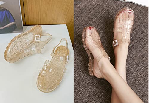 Image of Yehopere Women's Jelly Sandals T-Strap Slingback Bling Beach 80s 90s Retro Flat Shoes