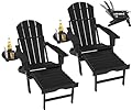 FOOWIN Folding Adjustable Adirondack Chair with Retractable Ottoman Set of 2,HDPE Adirondack Chair w/4 in 1 Cup Holder Trays,All-Weather Resistant Fire Pit Chair for Outdoor Patio Lawn, Black