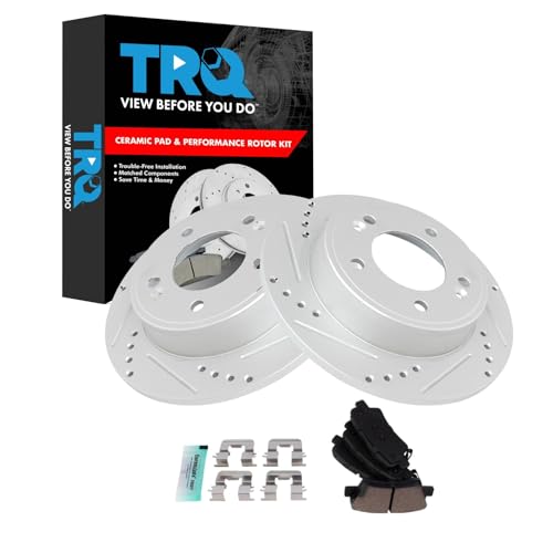 Image of TRQ Performance Rear Brake Pad and Rotor Set Ceramic Coated Drilled Slotted Rotors Compatible with 2019 Hyundai Veloster 2019-2022 Kia Forte