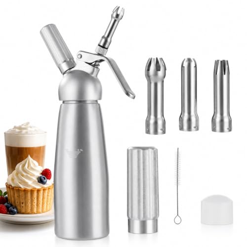 Whipped Cream Dispenser Set, 500 ml/1 Pint Professional Aluminum Cream Whipper with 3 Decorating Nozzles and Small Cleaning Brush for Desserts, Cakes Decoration