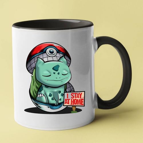 Taza Bulbizarre, Design 'I Stay at Home', taza de cerámica blanca y negra, 11 oz