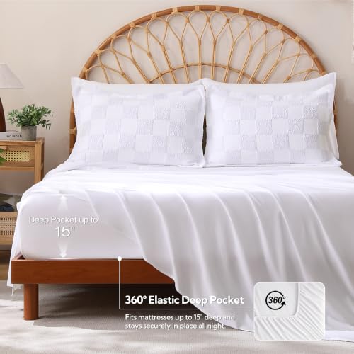 Image of MR&HM 7 Pieces Comforter Set Full, Checkered Boho Tufted Bed Set White | Farmhouse Vintage Bed with Plaid Geometric Design, All-Season Bed in A Bag Comforter with Sheets, Pillow Shams & Pillowcases