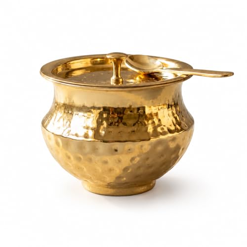 Image of P-TAL Handcrafted Brass Ghee Pot with Kalai Coating, 500ml, Wide Mouth, with Lid and Spoon, Traditional Storage Jar