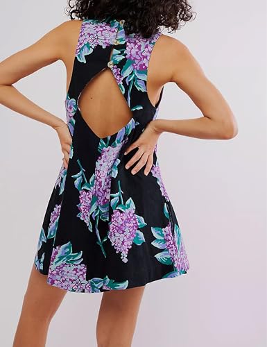Image of SKIKYAN Women Summer Cotton Mini Dress Floral Print Tank Dress Blackless Sleeveless Casual Sundress with Pockets