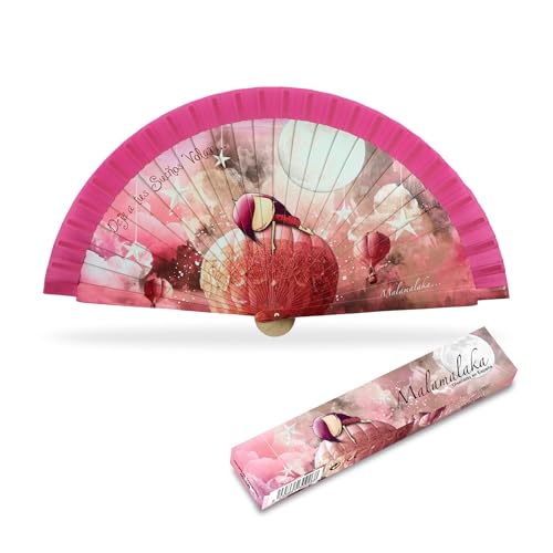 MALAKA | Abanico De Madera Natural | Plegable De Mano | 23 cm | Abanicos Boda para Invitados | Caja De Regalo A Conjunto Gratuita | Diseño Elegantes | para Eventos Especiales | SUEÑOS Borde Fucsia